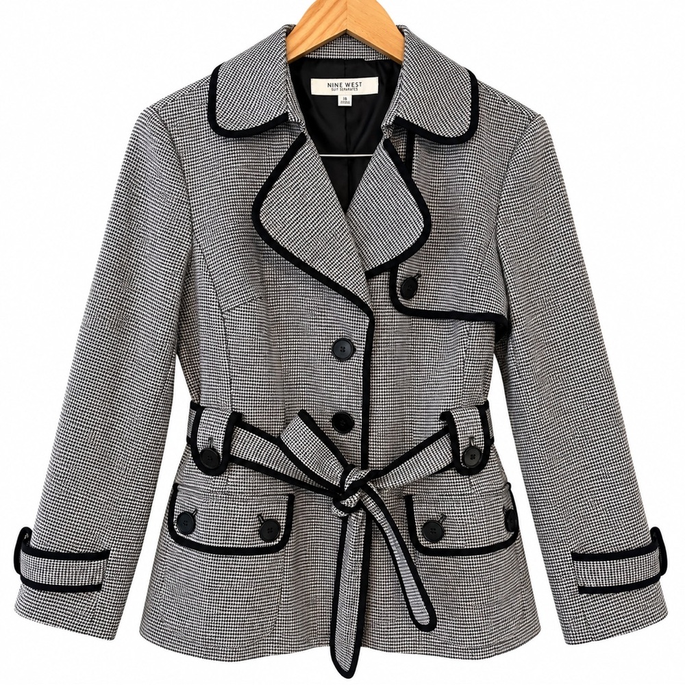 Nine West Womens 16 Houndstooth Belted Trench Blazer Jacket Black White